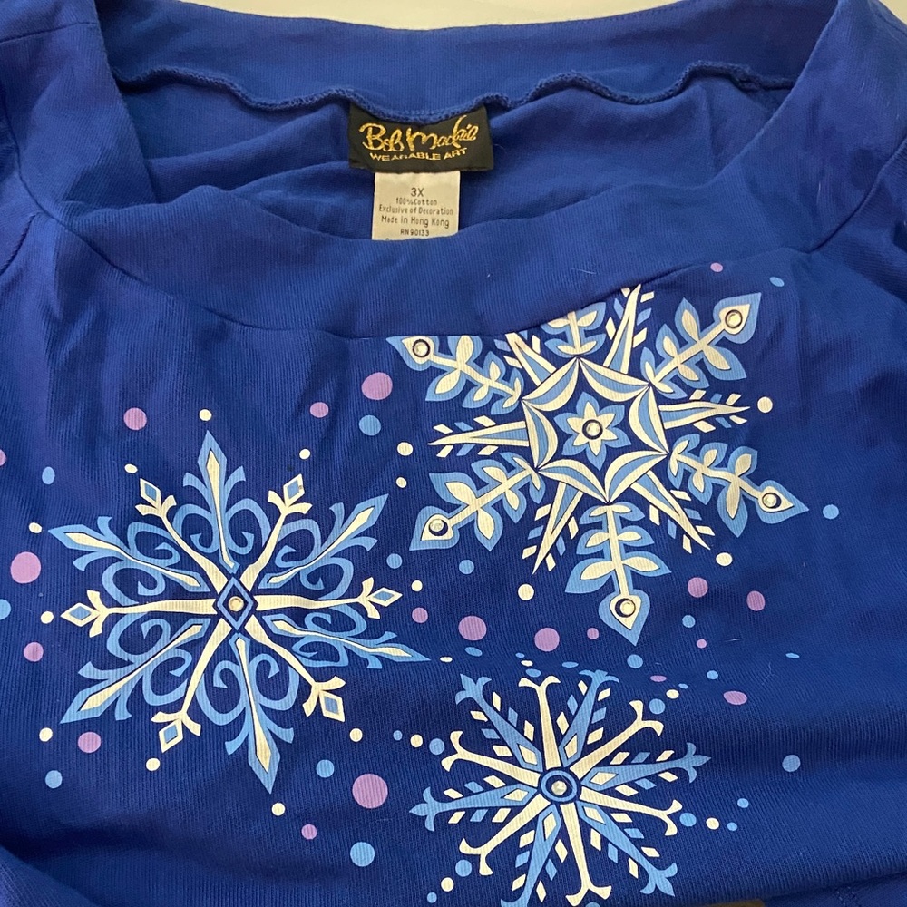 Vintage Bob Mackie Royal Blue 3/4 Sleeve Snowflake Tee 3X